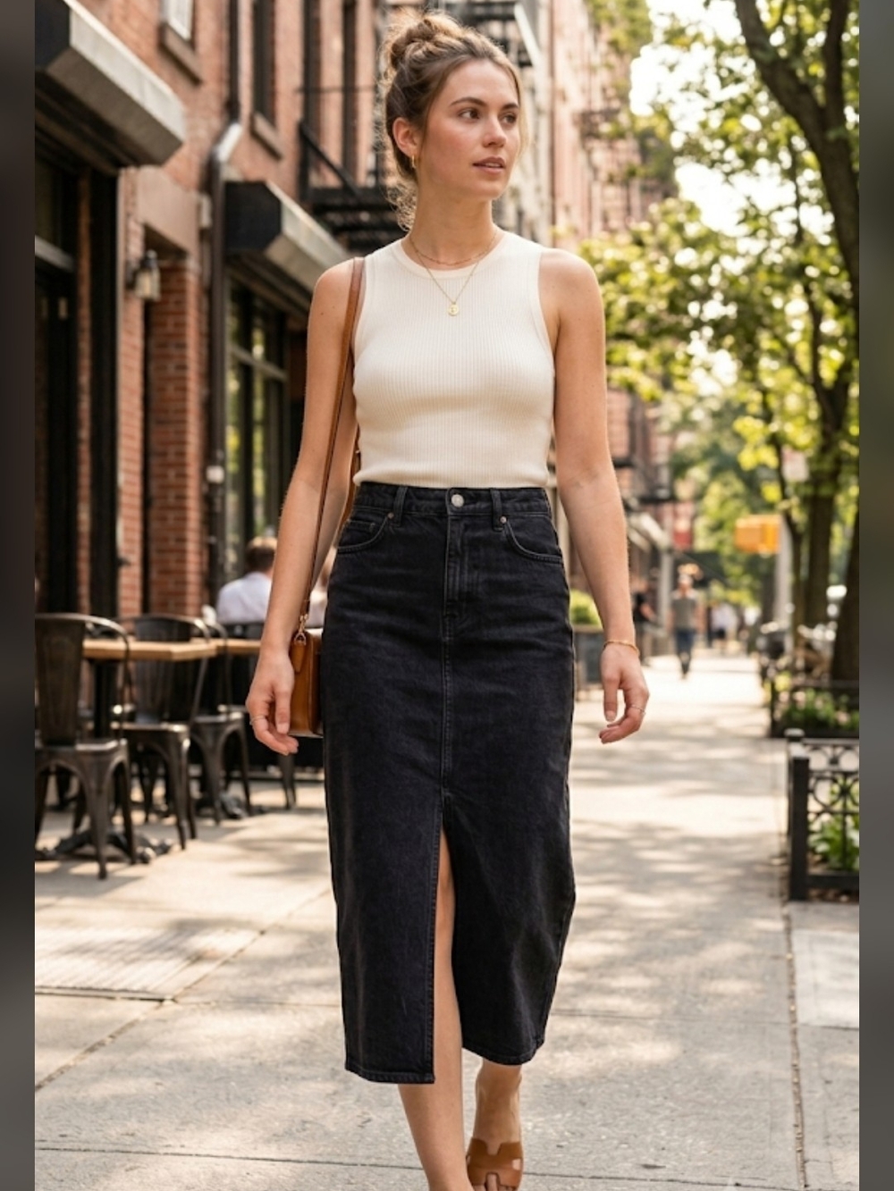 Uniqlo High-Rise Black Denim Midi Skirt with Center Front Slit